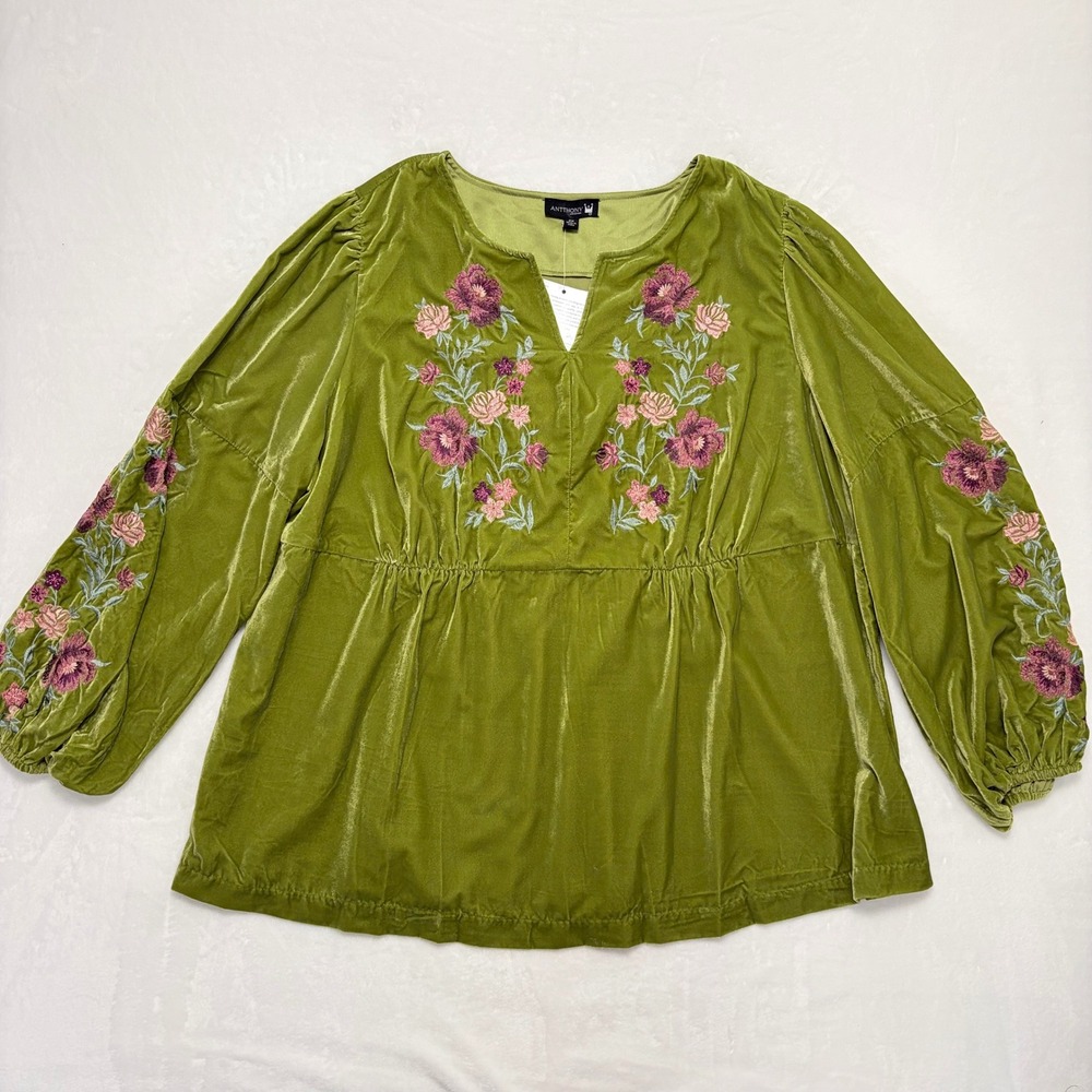 Antthony Original Olive Green Velvet Floral Embroidered Top 2X NWT 21076